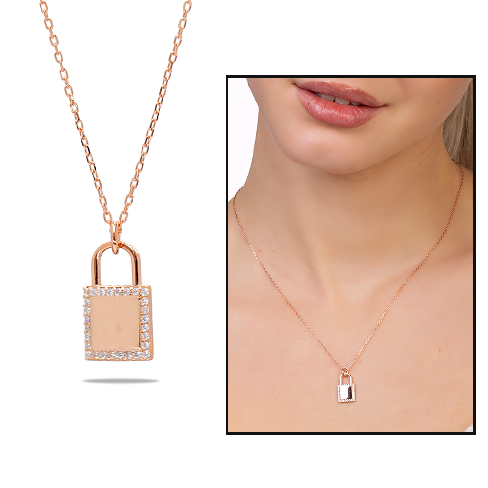 Zirkon Taşlı Kilit Tasarım Rose Renk İsme Özel Harf Yazılı 925 Ayar Gümüş Kadın Kolye - 1