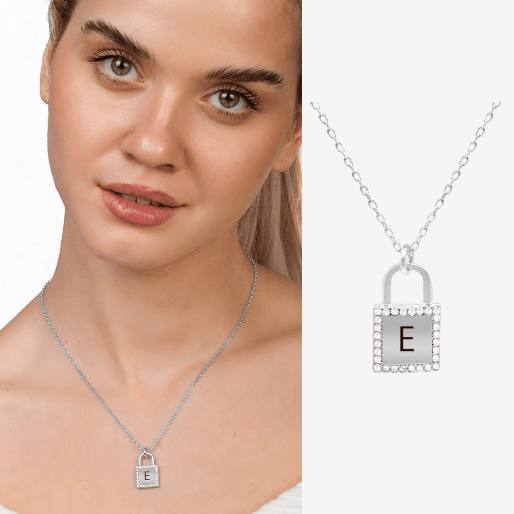 Zirkon Taşlı Kilit Tasarım Gümüş Renk İsme Özel Harf Yazılı 925 Ayar Gümüş Kadın Kolye - 1