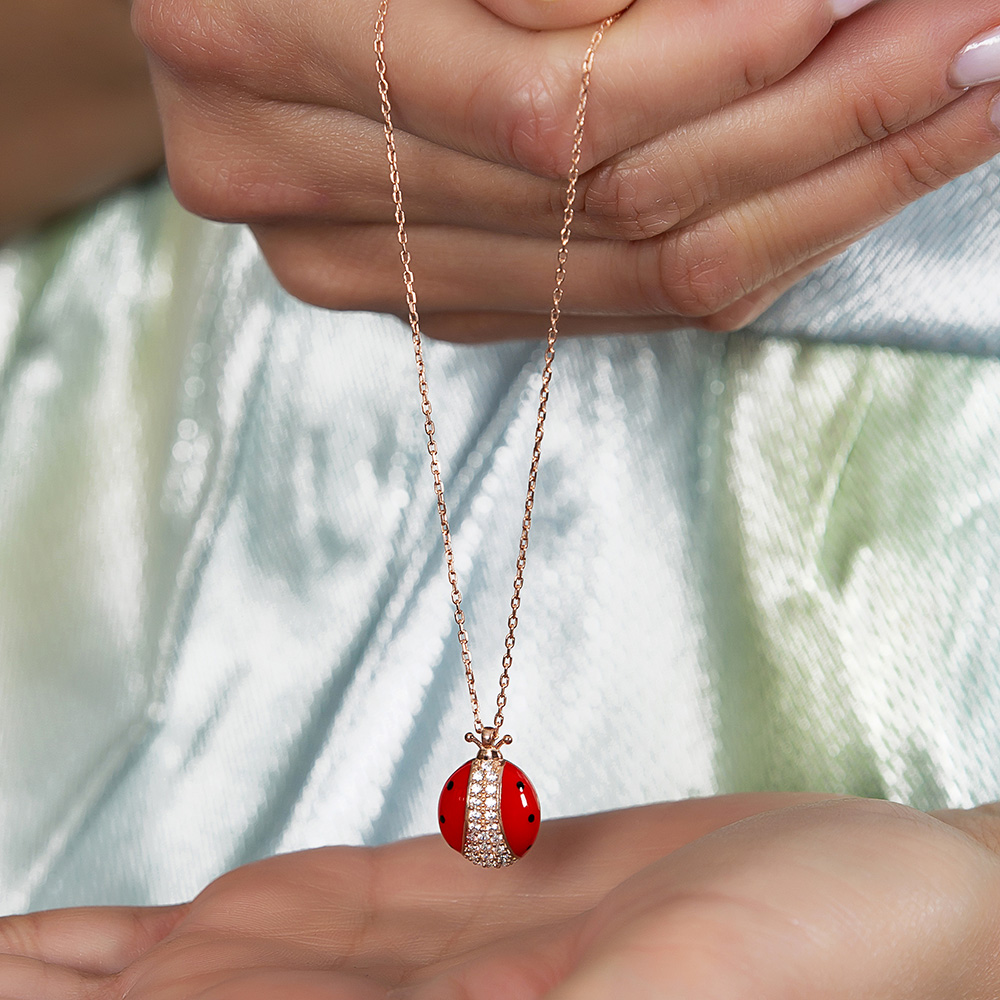 Zirkon Taşlı Kırmızı Mineli Uğur Böceği Tasarım 925 Ayar Gümüş Kadın Kolye - 5