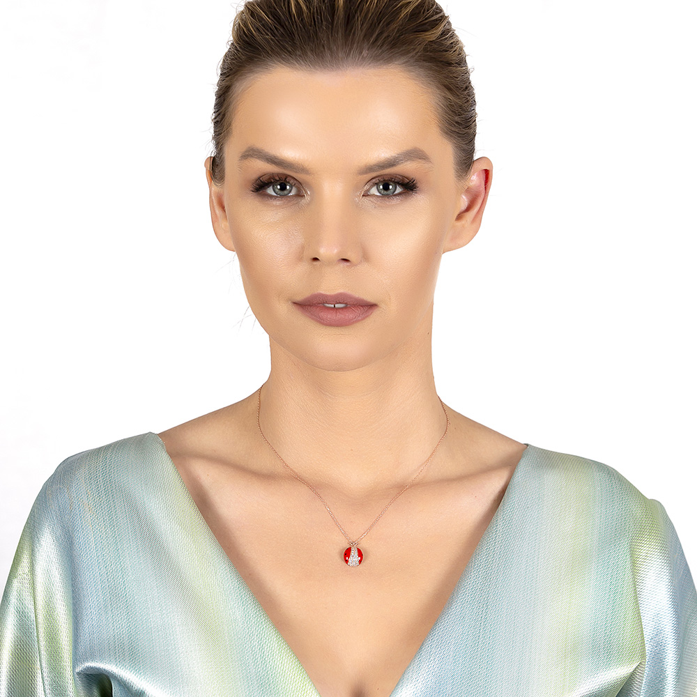 Zirkon Taşlı Kırmızı Mineli Uğur Böceği Tasarım 925 Ayar Gümüş Kadın Kolye - 2