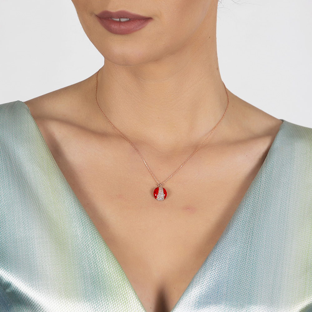 Zirkon Taşlı Kırmızı Mineli Uğur Böceği Tasarım 925 Ayar Gümüş Kadın Kolye - 3