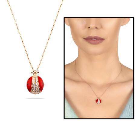 Zirkon Taşlı Kırmızı Mineli Uğur Böceği Tasarım 925 Ayar Gümüş Kadın Kolye - Tesbihane