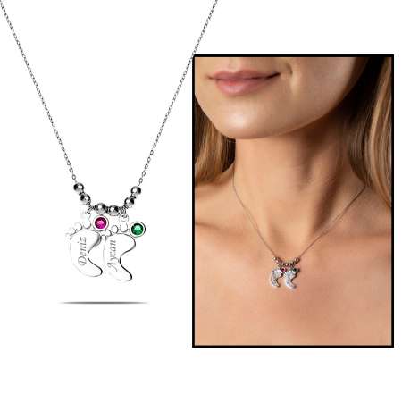 Zirkon Taşlı İsme Özel Yazılı 925 Ayar Gümüş Bebek Ayak İzi Kolye - Tesbihane