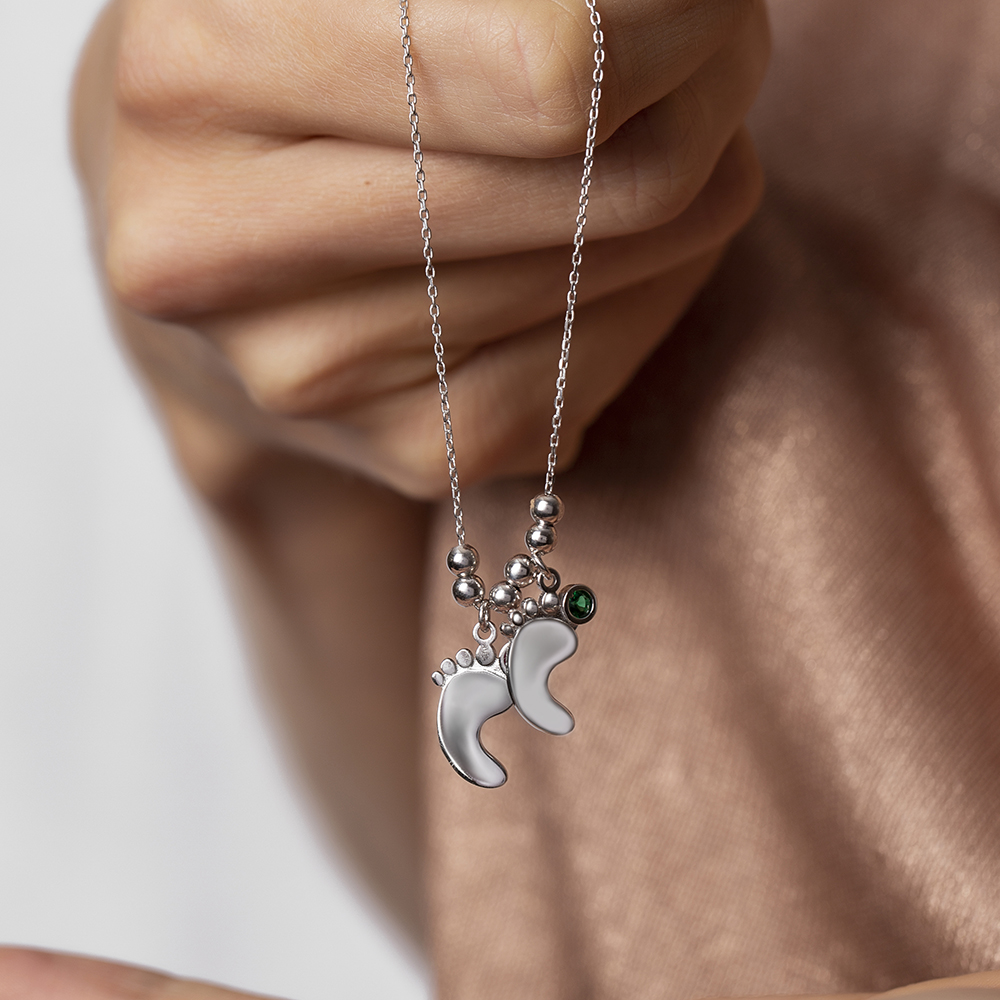 Zirkon Taşlı İsme Özel Yazılı 925 Ayar Gümüş Bebek Ayak İzi Kolye - 8