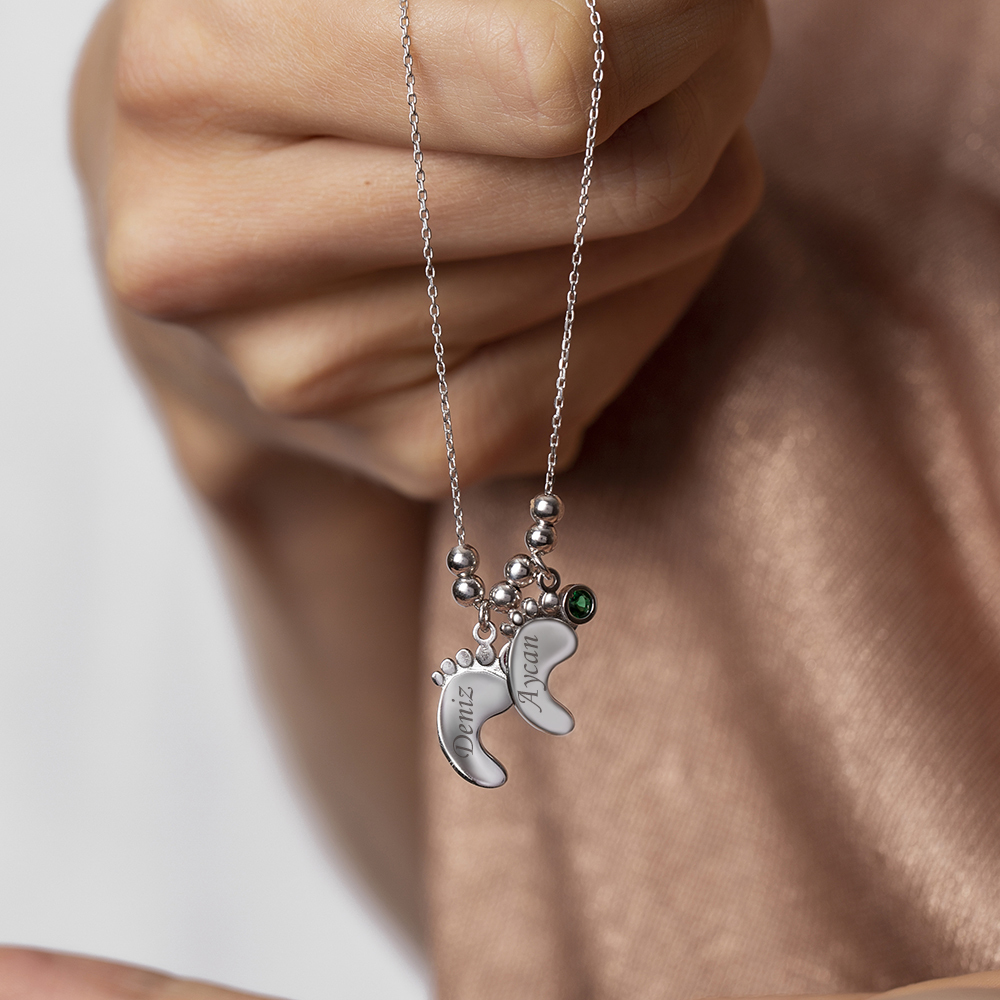 Zirkon Taşlı İsme Özel Yazılı 925 Ayar Gümüş Bebek Ayak İzi Kolye - 3