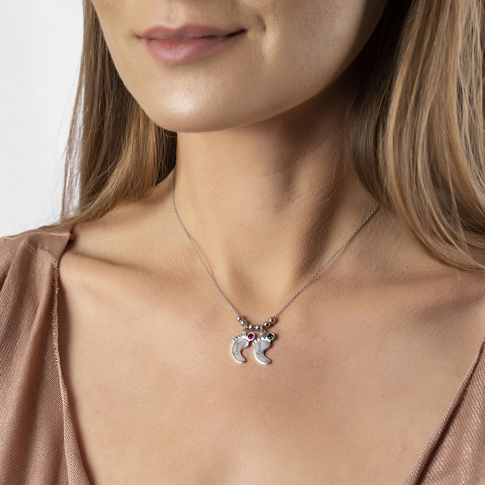 Zirkon Taşlı İsme Özel Yazılı 925 Ayar Gümüş Bebek Ayak İzi Kolye - 4