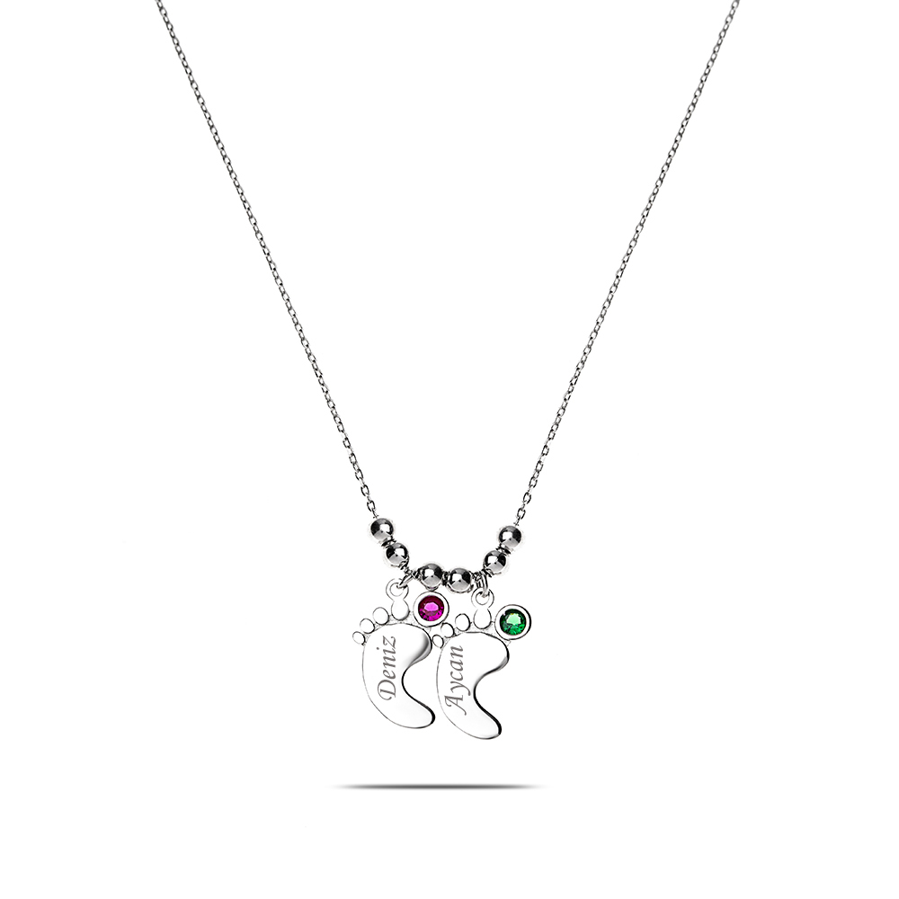 Zirkon Taşlı İsme Özel Yazılı 925 Ayar Gümüş Bebek Ayak İzi Kolye - 5