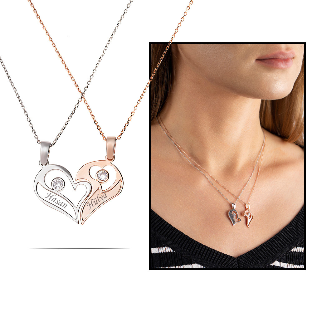 Zirkon Taşlı İsme Özel Yazılı 925 Ayar Gümüş Kalbimin Yarısı Kolye - 1