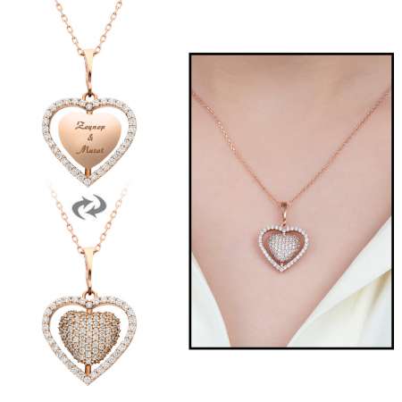 Zirkon Taşlı Kişiye Özel İsim Yazılı Rose Renk 925 Ayar Gümüş Kalp Kolye - Tesbihane