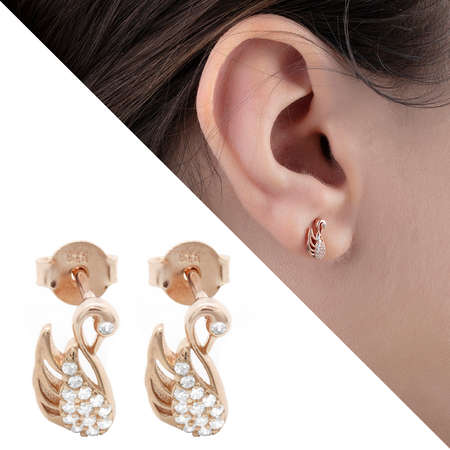 Zirkon Taşlı Kuğu Tasarım Roz Renk 925 Ayar Gümüş Küpe - Tesbihane