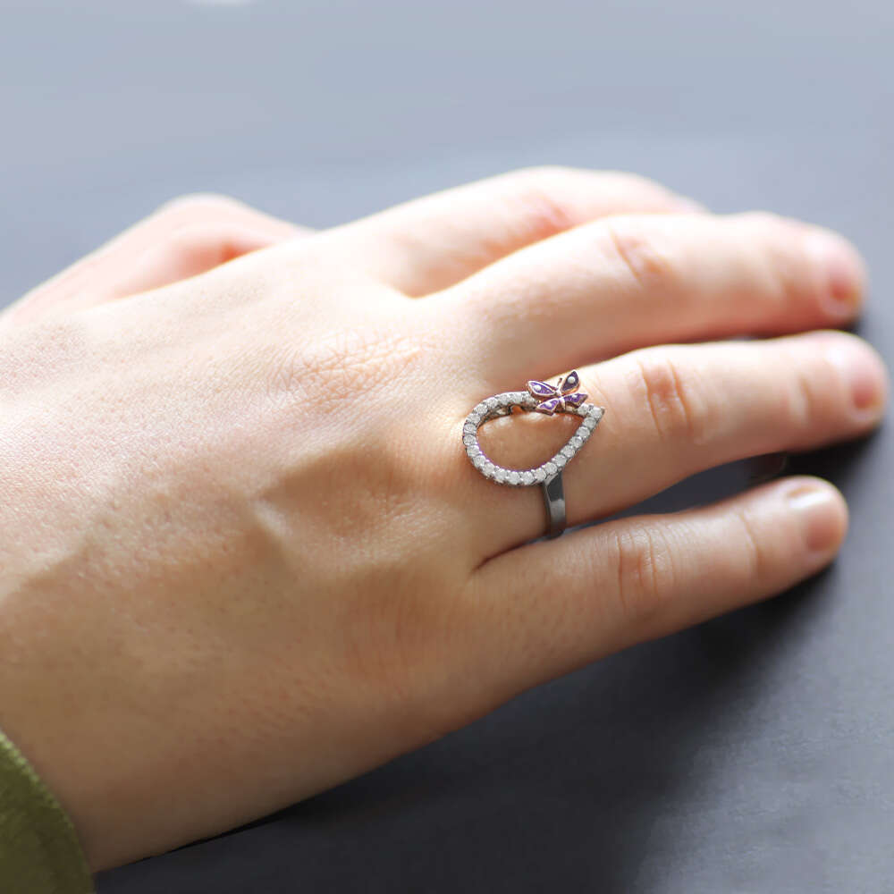 Zirkon Taşlı Mavi Mineli Damla Model Kelebek Tasarım 925 Ayar Gümüş Bayan Yüzük - 1