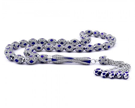 Zirkon Taşlı Mavi Mineli Gümüş Tesbih - Tesbihane