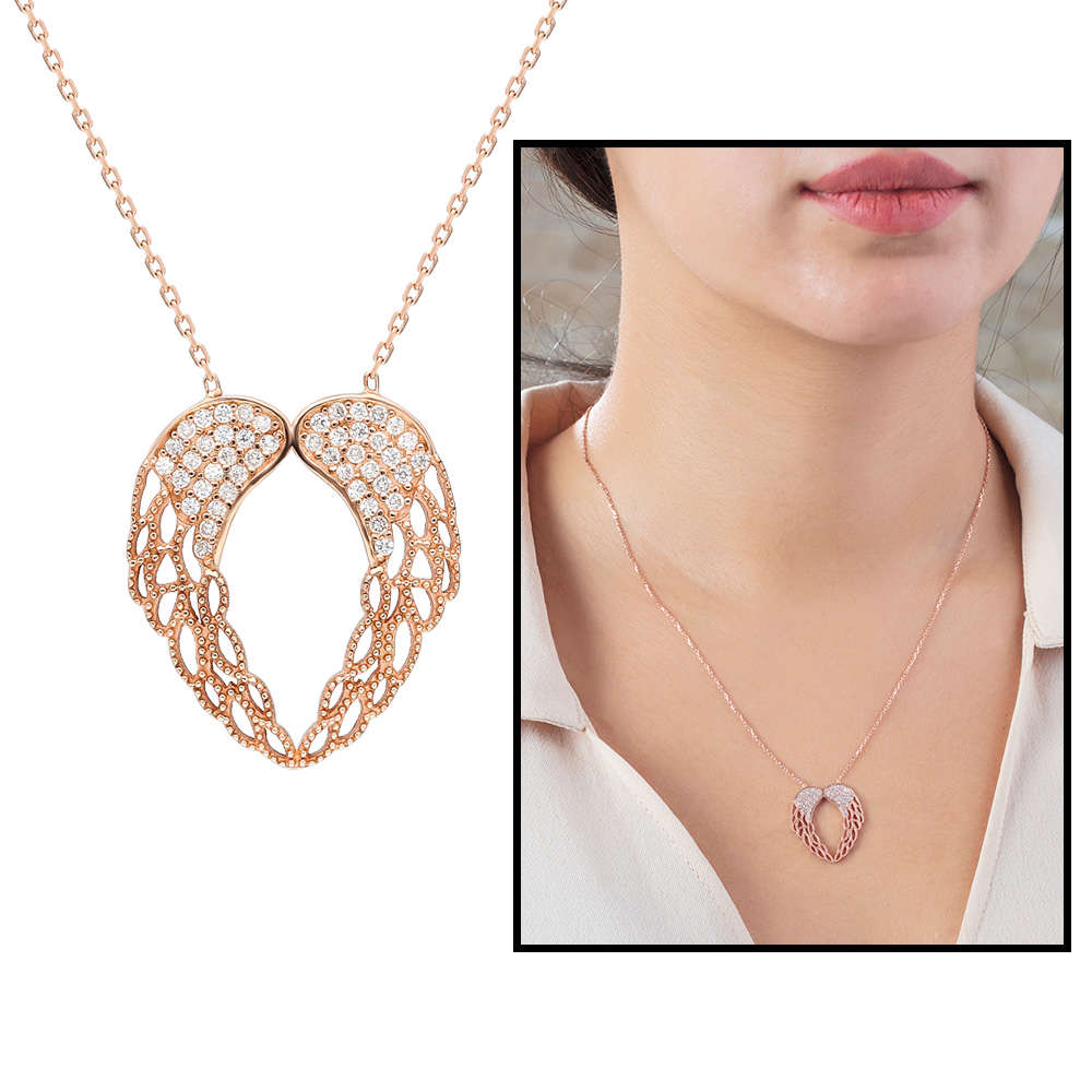 Zirkon Taşlı Melek Kanadı Tasarım Altın Renk 925 Ayar Gümüş Kolye - 2