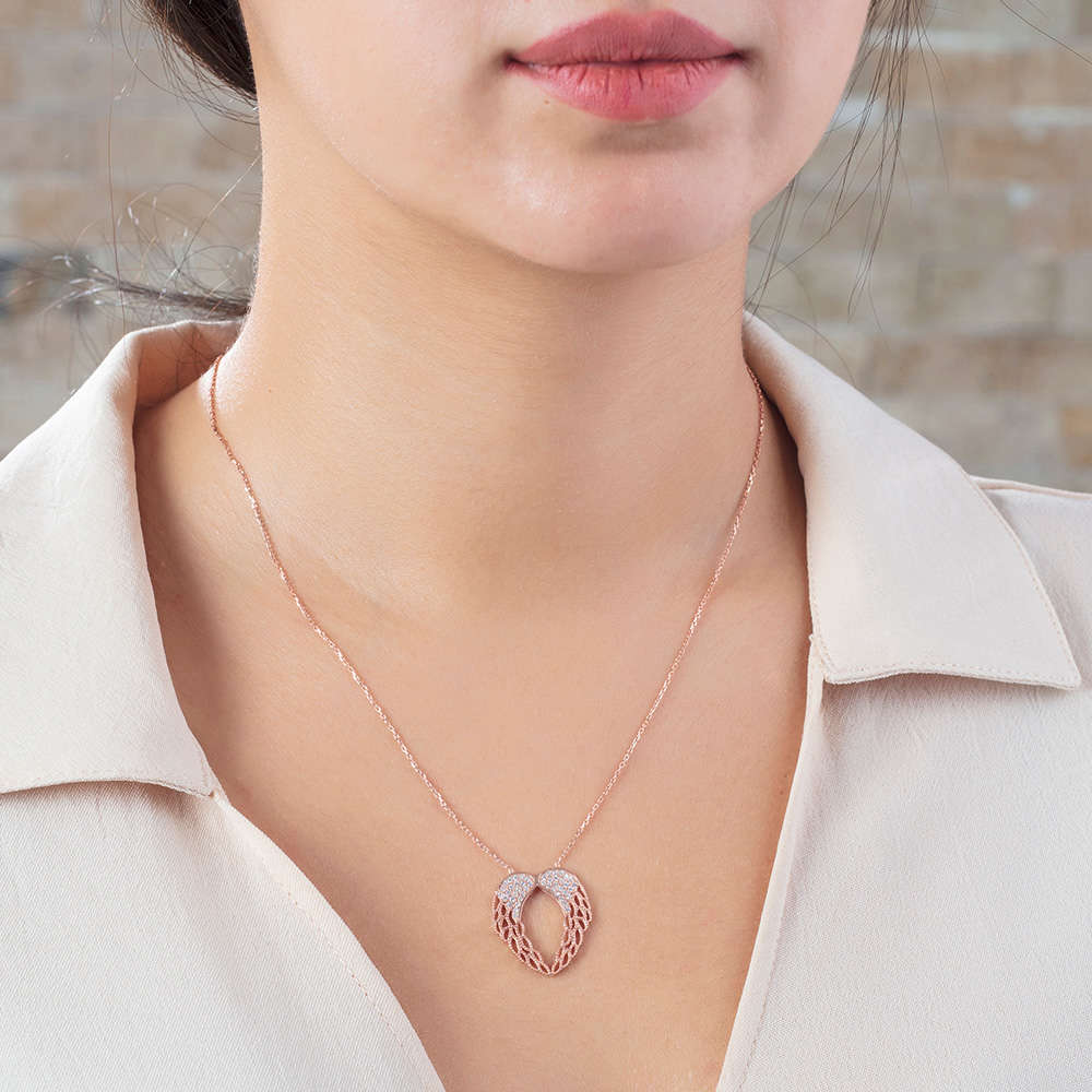 Zirkon Taşlı Melek Kanadı Tasarım Altın Renk 925 Ayar Gümüş Kolye - 3