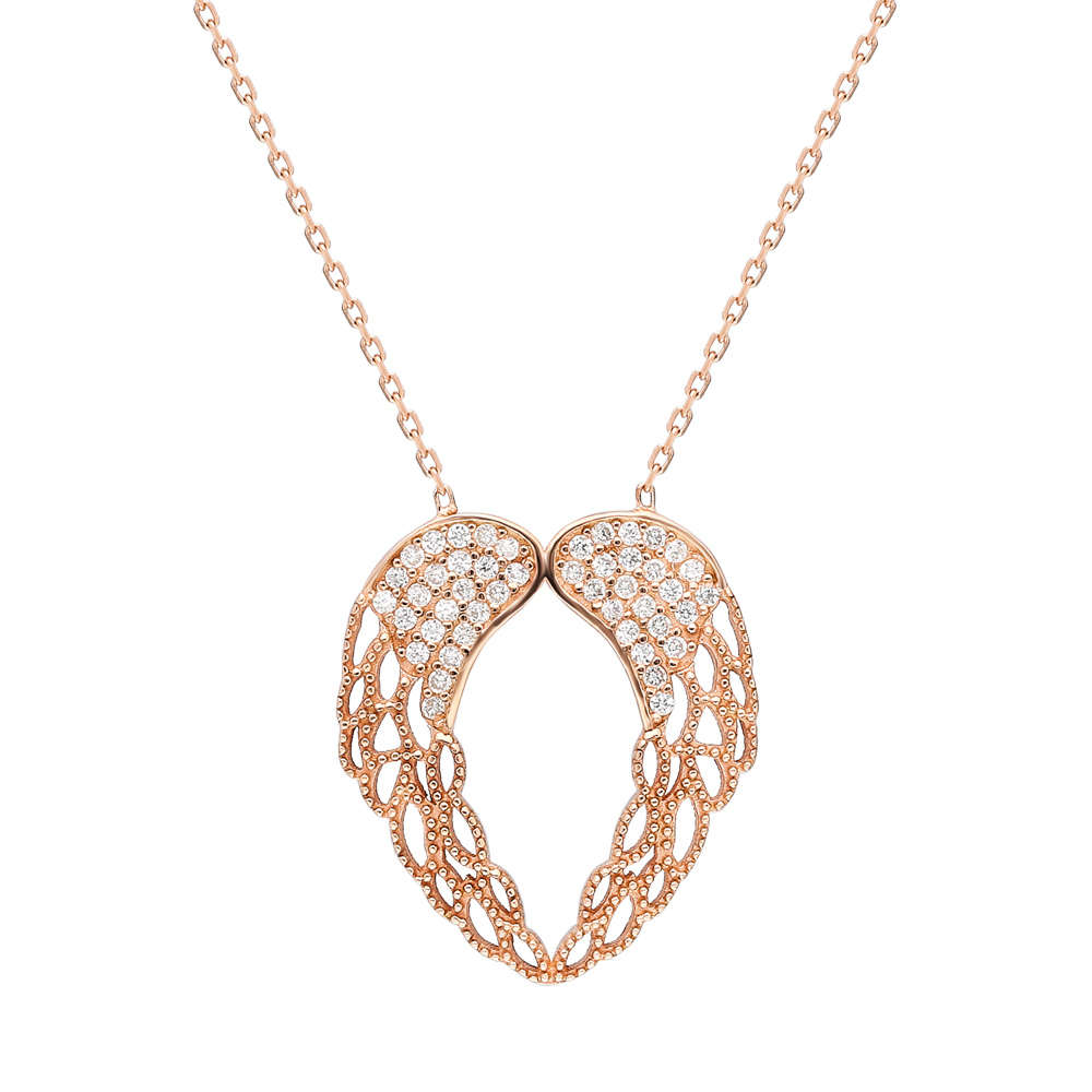 Zirkon Taşlı Melek Kanadı Tasarım Altın Renk 925 Ayar Gümüş Kolye - 4