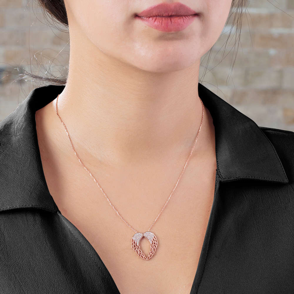 Zirkon Taşlı Melek Kanadı Tasarım Altın Renk 925 Ayar Gümüş Kolye - 5