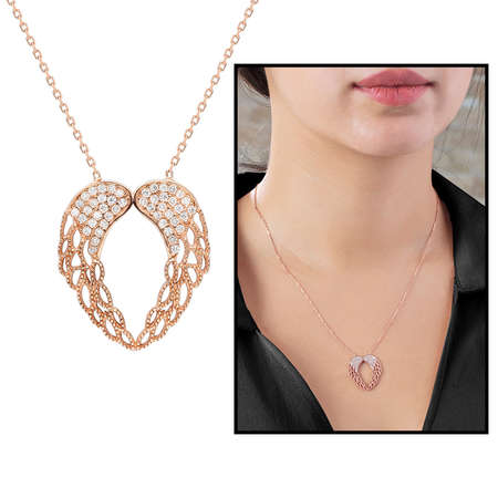 Zirkon Taşlı Melek Kanadı Tasarım Altın Renk 925 Ayar Gümüş Kolye - Tesbihane