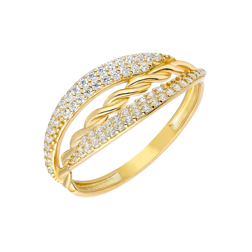 Zirkon Taşlı Örgü Tasarım Altın Renk 925 Ayar Gümüş Bayan Yüzük - 2