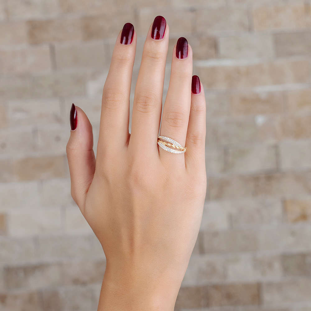 Zirkon Taşlı Örgü Tasarım Altın Renk 925 Ayar Gümüş Bayan Yüzük - 3