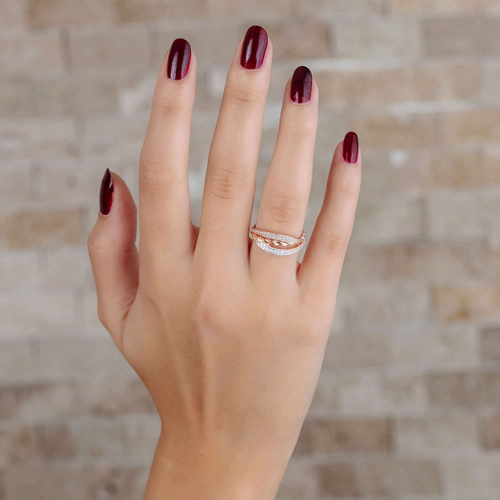 Zirkon Taşlı Örgü Tasarım Rose Renk 925 Ayar Gümüş Bayan Yüzük - 3