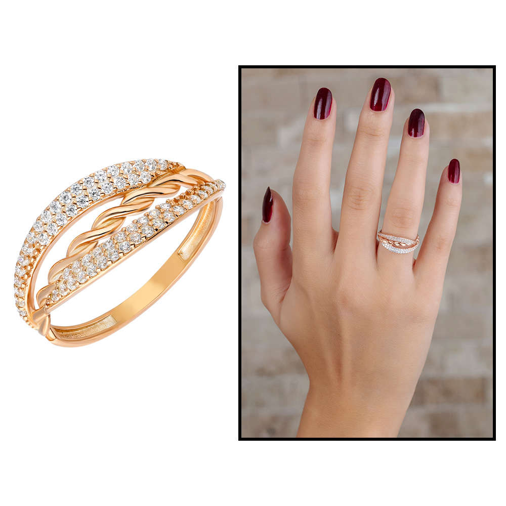Zirkon Taşlı Örgü Tasarım Rose Renk 925 Ayar Gümüş Bayan Yüzük - 1