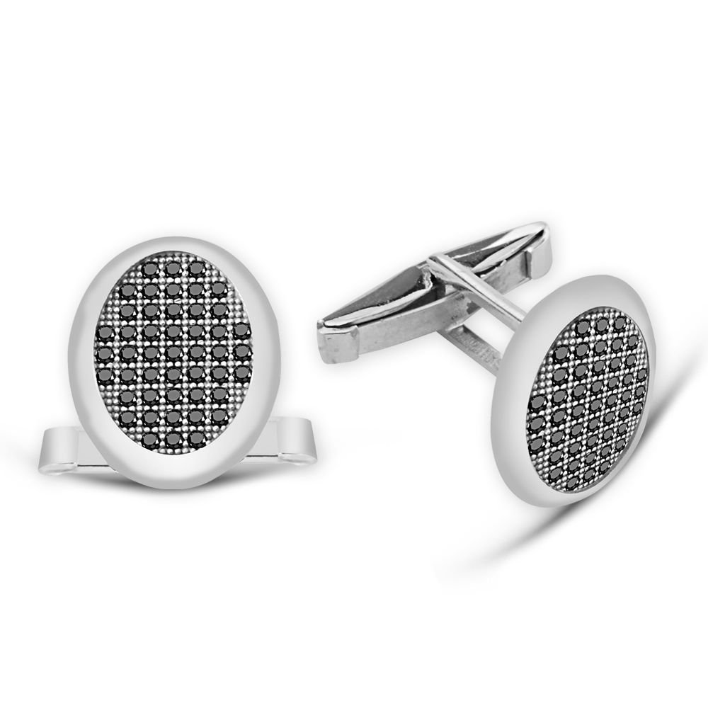 Zirkon Taşlı Oval Tasarım 925 Ayar Gümüş Kol Düğmesi - 1