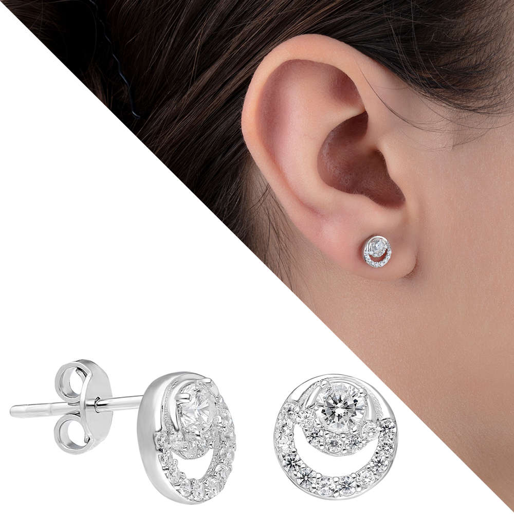 Zirkon Taşlı Oval Tasarım 925 Ayar Gümüş Küpe - 1