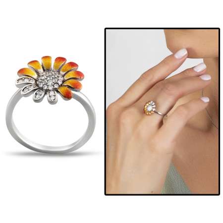 Zirkon Taşlı Papatya Tasarım 925 Ayar Gümüş Kadın Yüzük - Tesbihane