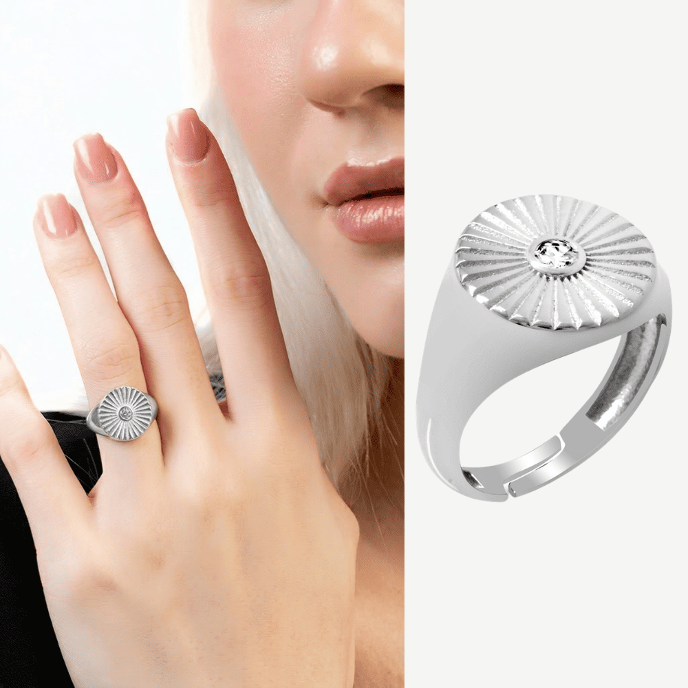 Zirkon Taşlı Papatya Tasarım Gümüş Renk Ayarlanabilir Ölçü 925 Ayar Gümüş Kadın Tektaş Yüzük - 1