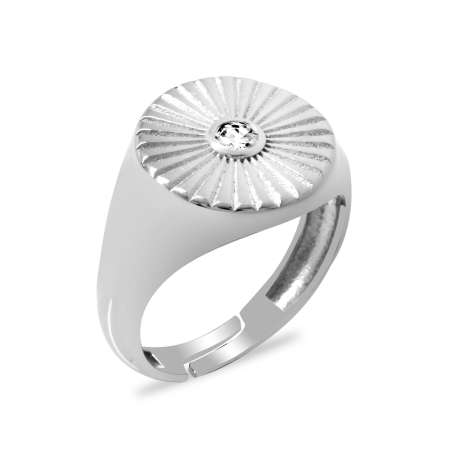 Zirkon Taşlı Papatya Tasarım Gümüş Renk Ayarlanabilir Ölçü 925 Ayar Gümüş Kadın Tektaş Yüzük - Tesbihane