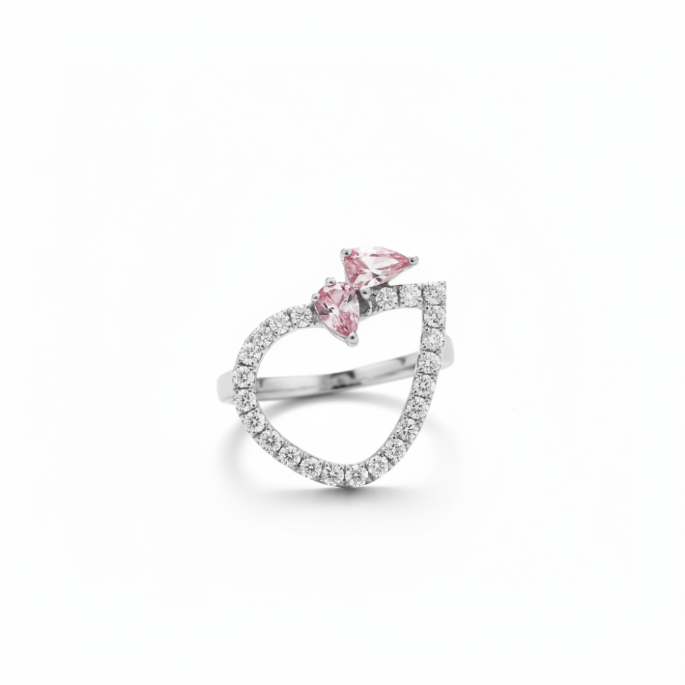 Zirkon Taşlı Pembe Mineli Damla Model Kelebek Tasarım 925 Ayar Gümüş Bayan Yüzük - 5