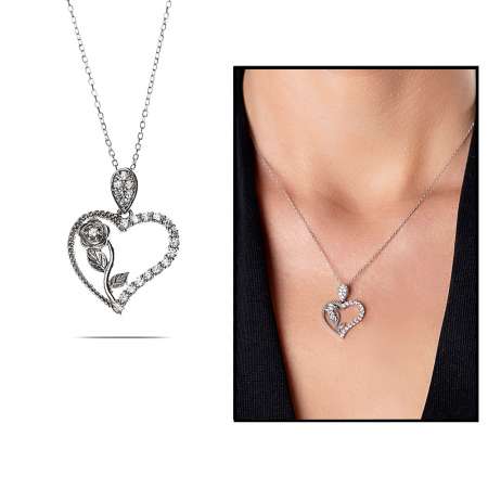 Beyaz Zirkon Taşlı Kalbimin Gülü 925 Ayar Gümüş Bayan Kolye - Tesbihane