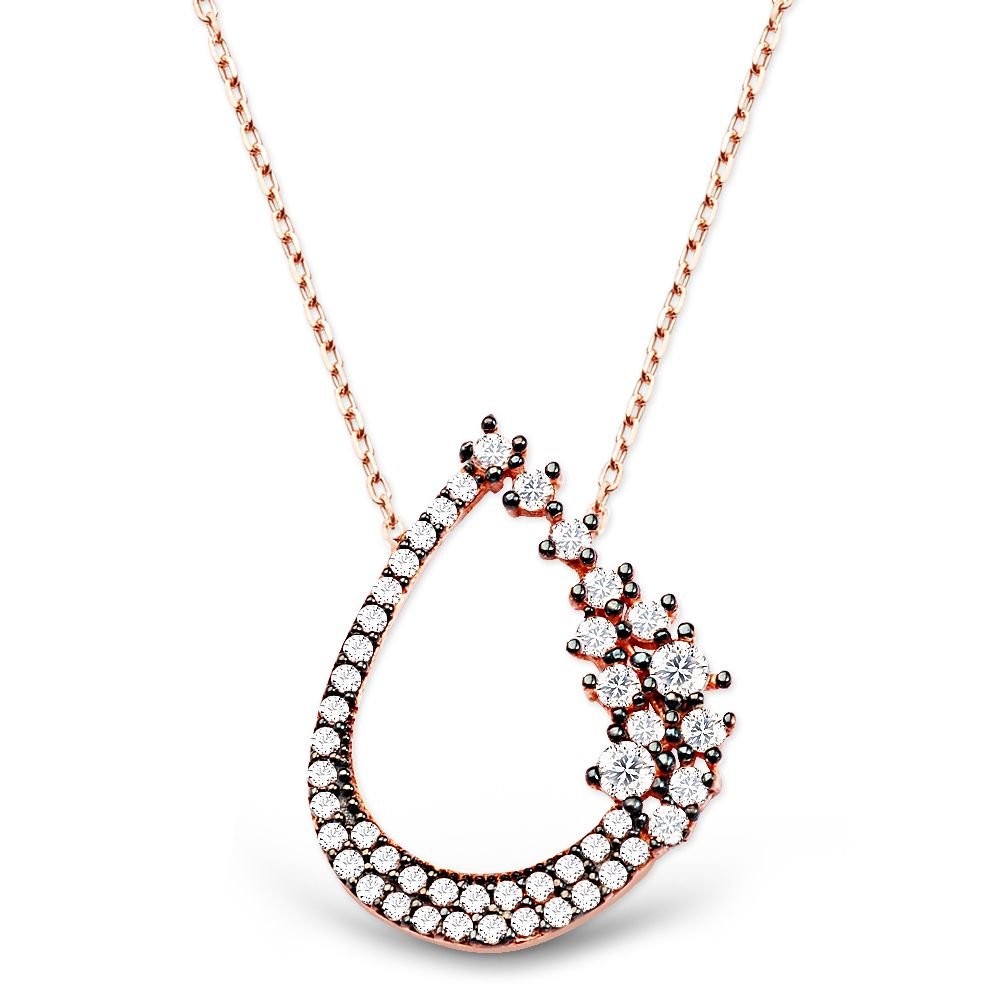 Zirkon Taşlı Rose Kaplamalı Gümüş Damla Kolye - 1
