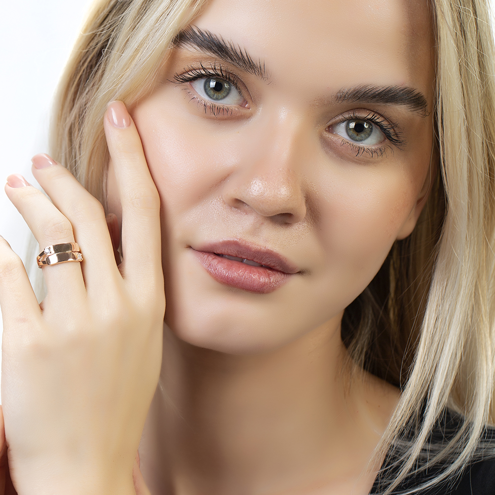 Zirkon Taşlı Rose Renk Ayarlanabilir Ölçü Çift Sıra İsme Özel Harf Yazılı 925 Ayar Gümüş Kadın Yüzük - 6