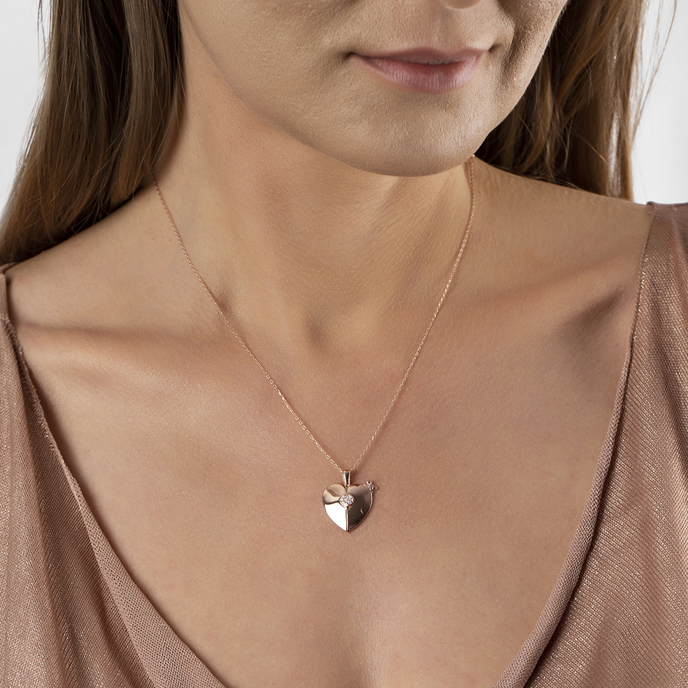 Zirkon Taşlı Rose Renk İsme Özel Yazılı 925 Ayar Gümüş Kalp Kolye - 5