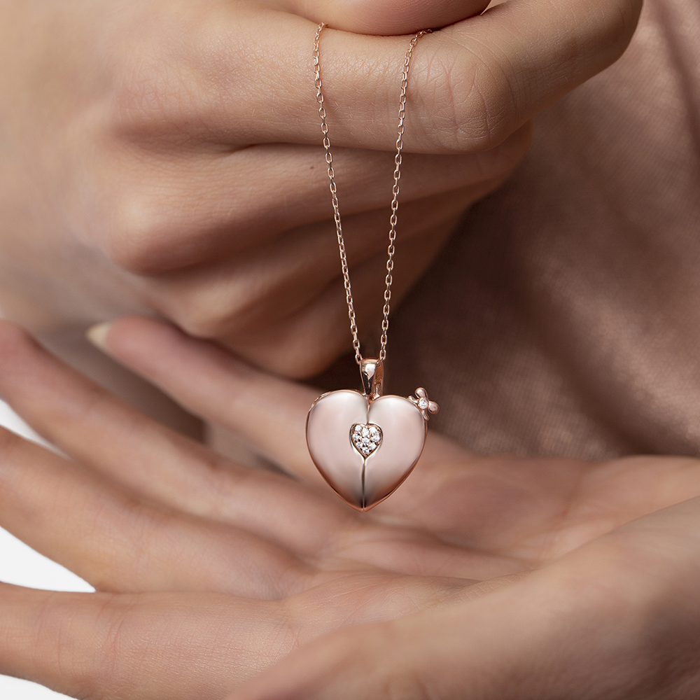 Zirkon Taşlı Rose Renk İsme Özel Yazılı 925 Ayar Gümüş Kalp Kolye - 6