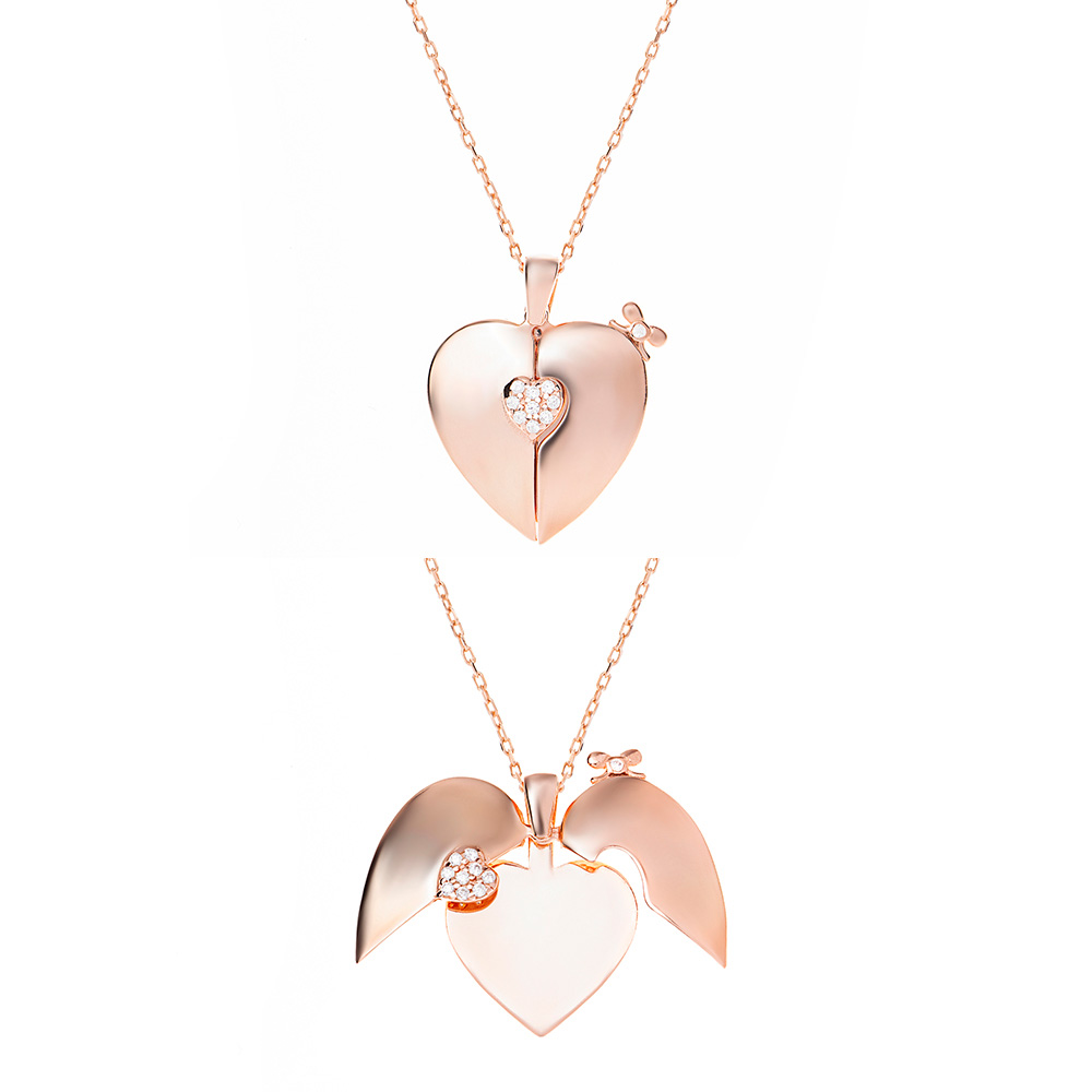 Zirkon Taşlı Rose Renk İsme Özel Yazılı 925 Ayar Gümüş Kalp Kolye - 7