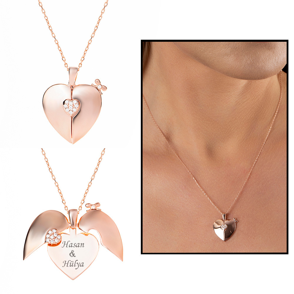 Zirkon Taşlı Rose Renk İsme Özel Yazılı 925 Ayar Gümüş Kalp Kolye - 2