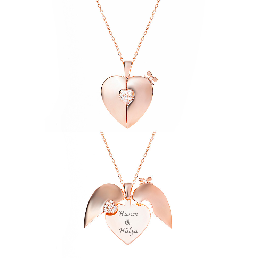 Zirkon Taşlı Rose Renk İsme Özel Yazılı 925 Ayar Gümüş Kalp Kolye - 1