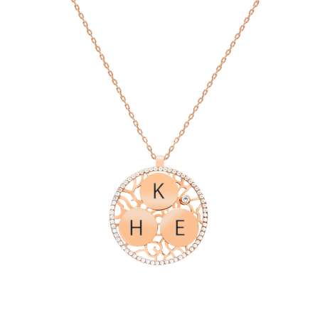 Zirkon Taşlı Rose Renk Kişiye Özel Üç İsim Veya Harf Yazılı 925 Ayar Gümüş Kadın Kolye - Tesbihane