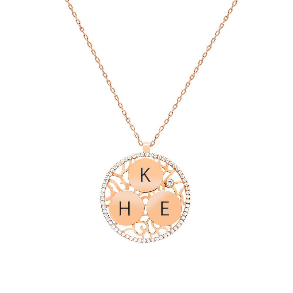 Zirkon Taşlı Rose Renk Kişiye Özel Üç İsim Veya Harf Yazılı 925 Ayar Gümüş Kadın Kolye - 1