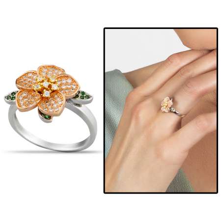 Zirkon Taşlı Rüzgar Gülü Tasarım Kar Tanesi Detaylı 925 Ayar Gümüş Kadın Yüzük - Tesbihane