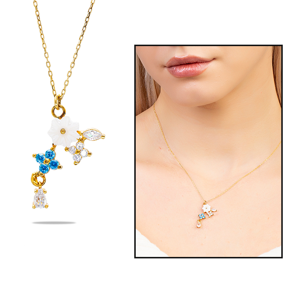 Zirkon Taşlı Sedef Kır Çiçeği Detaylı Altın Renk 925 Ayar Gümüş Kadın Kolye - 1