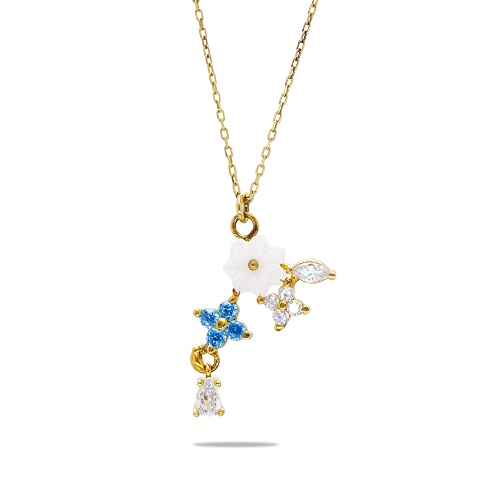 Zirkon Taşlı Sedef Kır Çiçeği Detaylı Altın Renk 925 Ayar Gümüş Kadın Kolye - 6