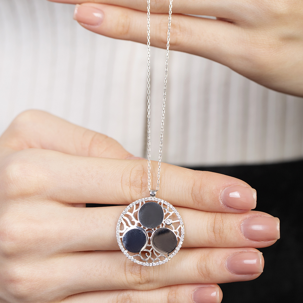 Zirkon Taşlı Gümüş Renk Kişiye Özel Üç İsim Veya Harf Yazılı 925 Ayar Gümüş Kadın Kolye - 5