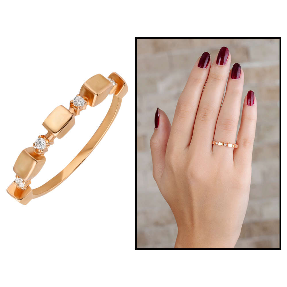 Zirkon Taşlı Sıralı Küp Tasarım Rose Renk 925 Ayar Gümüş Bayan Yüzük - 1