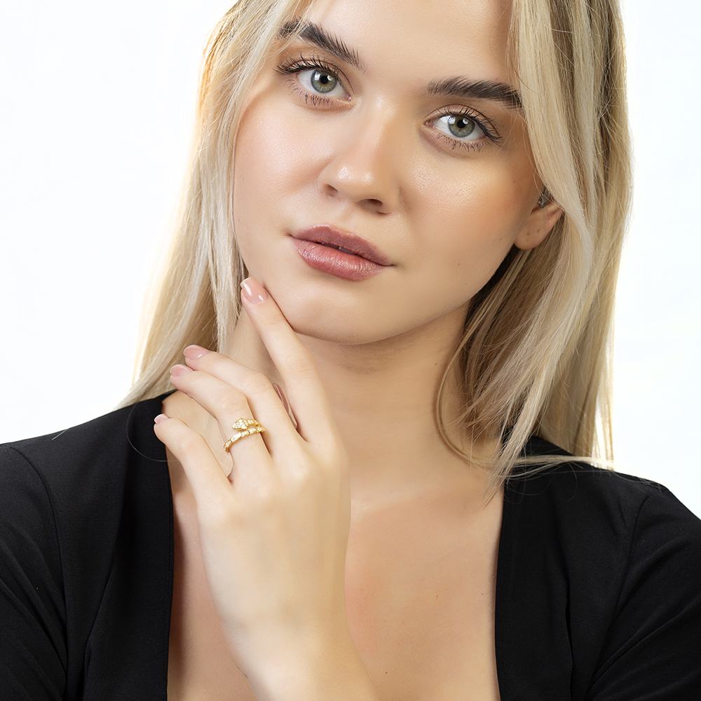 Zirkon Taşlı Snake Tasarım Altın Renk Ayarlanabilir Ölçü 925 Ayar Gümüş Kadın Yüzük - 3