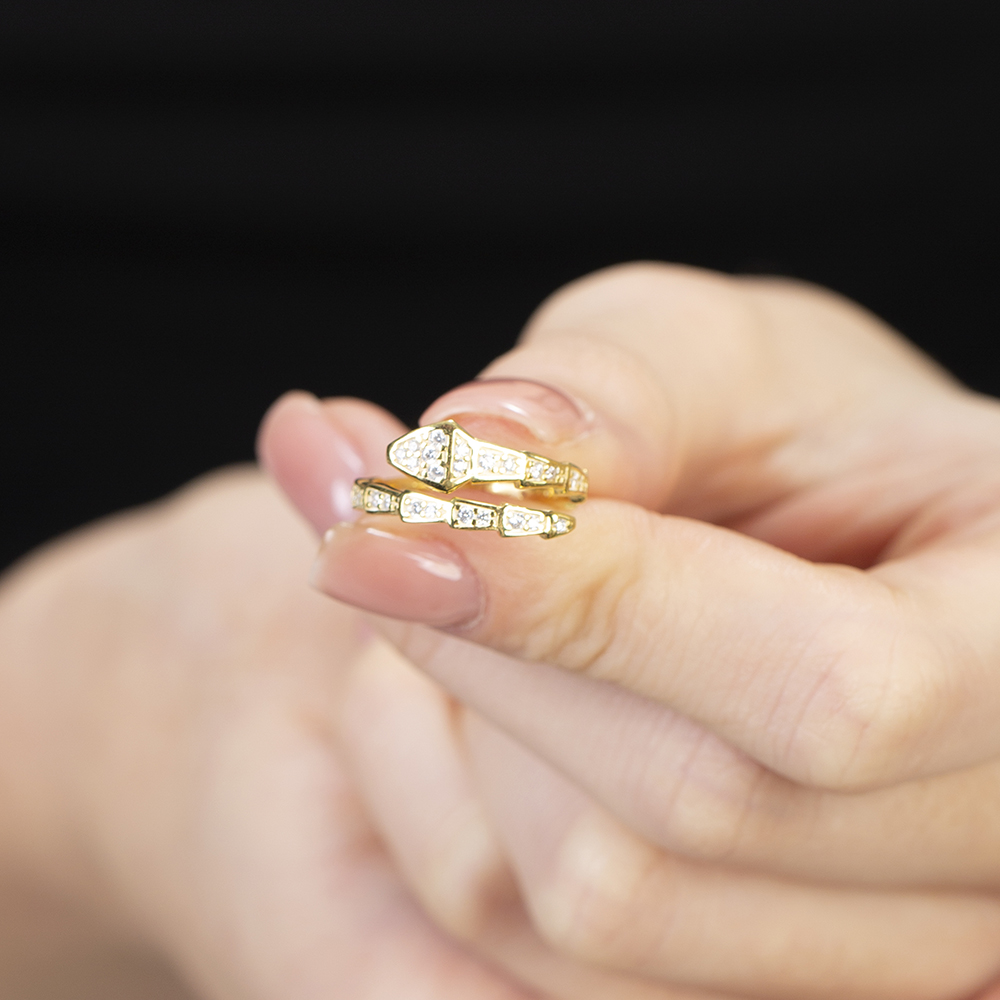 Zirkon Taşlı Snake Tasarım Altın Renk Ayarlanabilir Ölçü 925 Ayar Gümüş Kadın Yüzük - 2