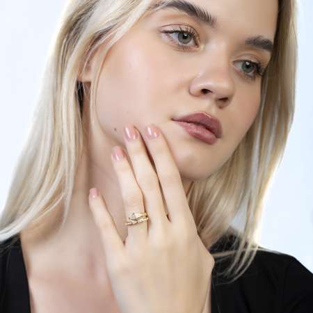 Zirkon Taşlı Snake Tasarım Altın Renk Ayarlanabilir Ölçü 925 Ayar Gümüş Kadın Yüzük - Tesbihane