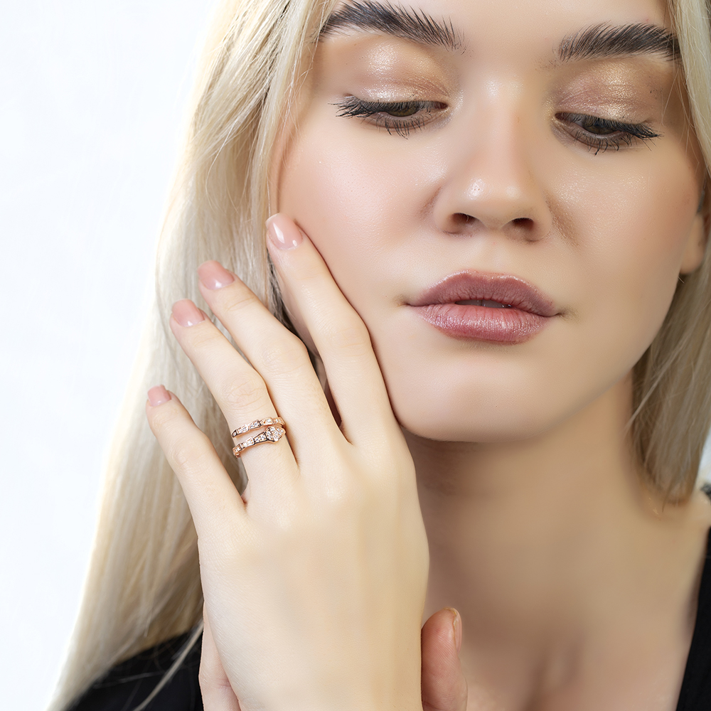 Zirkon Taşlı Snake Tasarım Rose Renk Ayarlanabilir Ölçü 925 Ayar Gümüş Kadın Yüzük - 3